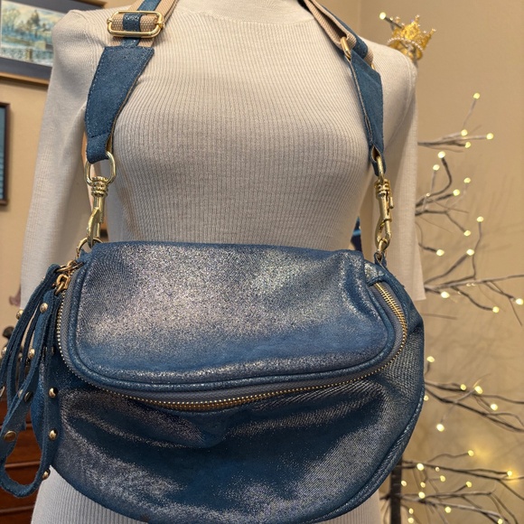 Metallic Blue Leather Crossbody Camera Bag — Canvas Luxe Strap — Voluminous — NW - Picture 2 of 6